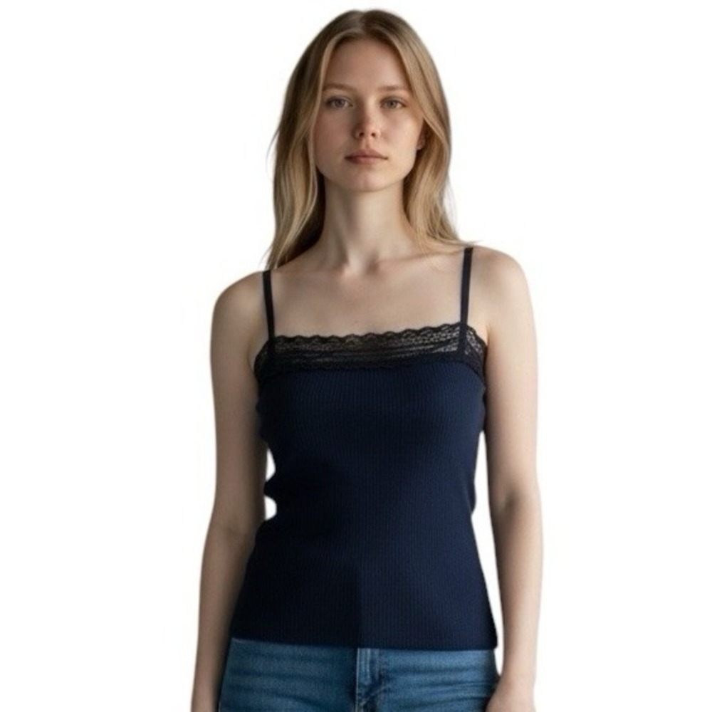Madewell Women's XL Lace Square Neck Ribbed Tank‎ Navy Black NWT